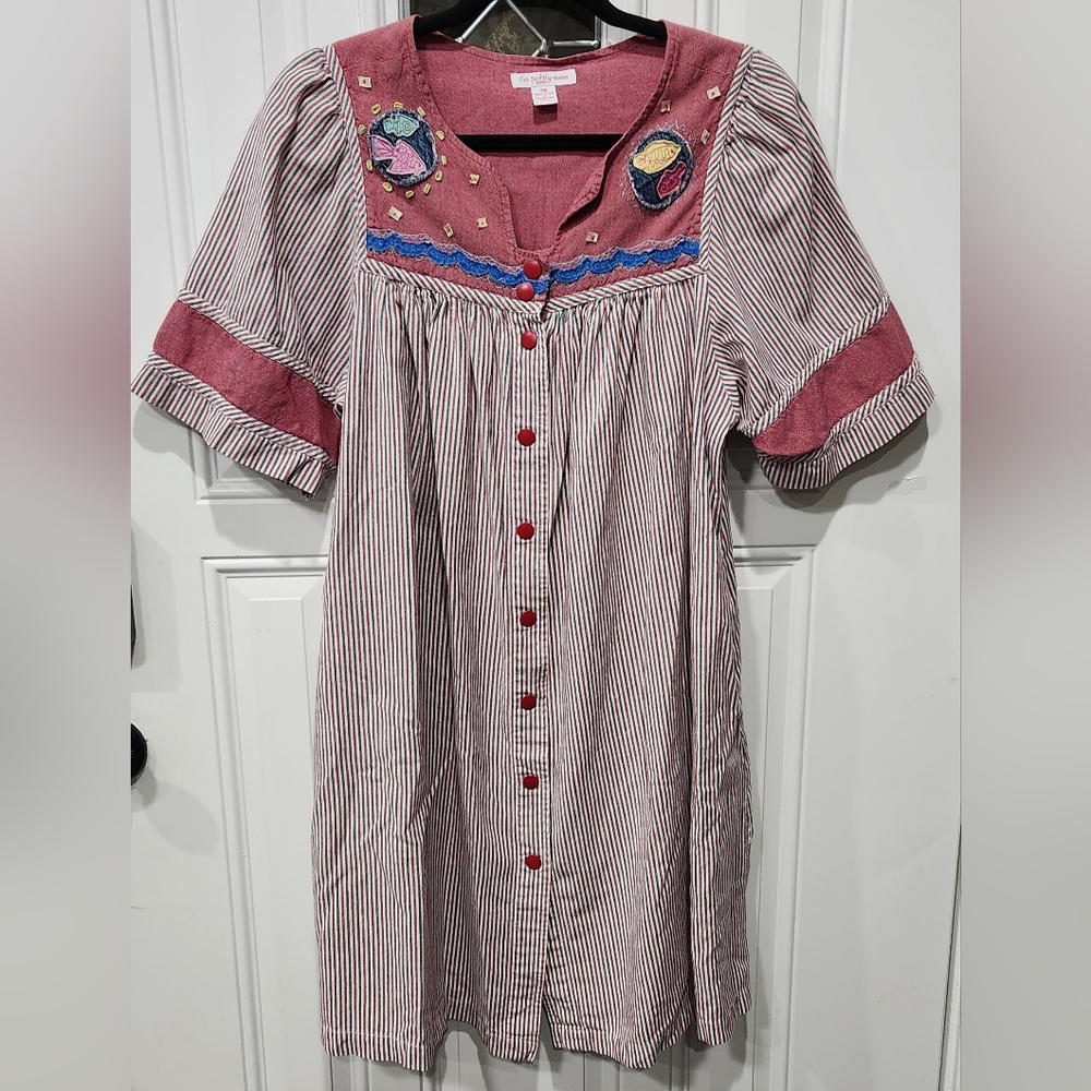 Go softly patio red white and blue striped snaps housecoat women's Petit…